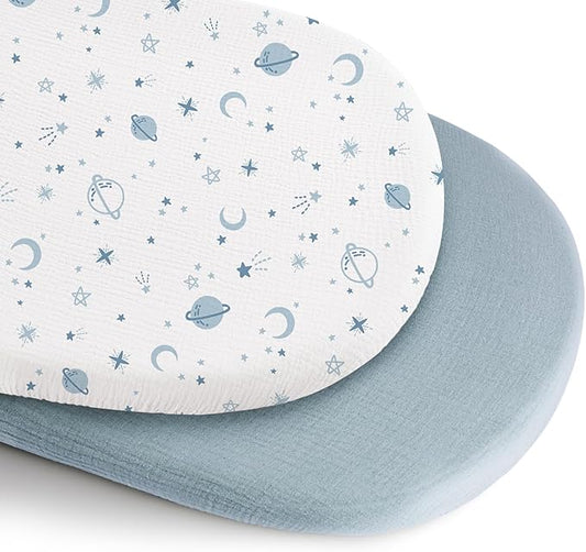 Konssy 2 Pack Muslin Bassinet Sheets for Boys, Girls, 100% Cotton Soft Breathable Fitted Bassinet Mattress Sheet, 32 x 16 inches (Star,Blue)