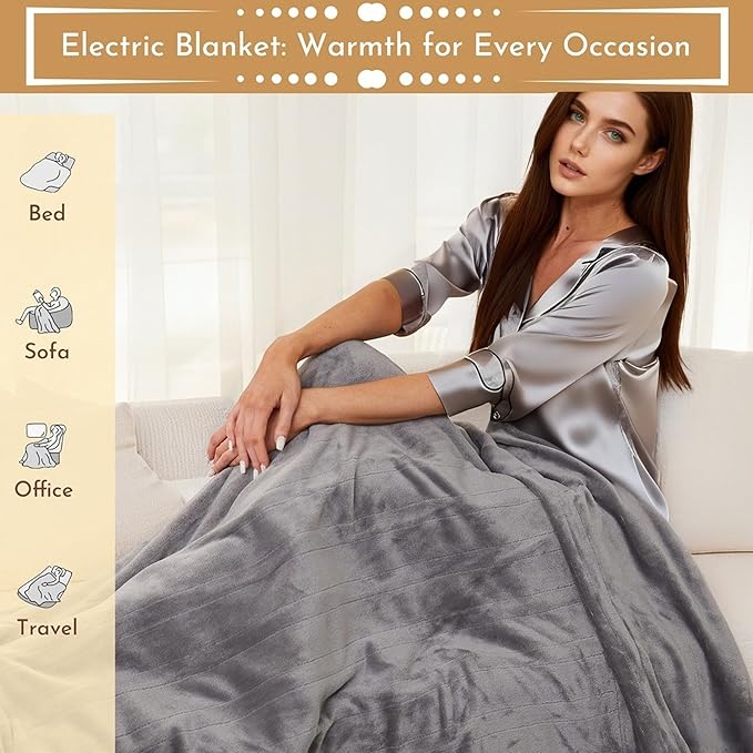 Electric Heated Blanket 62"x84" Twin Size Flannel Heated Blanket, Cozy & Warm for All Night, 4 Heat Settings & 10 Hours Auto Off, Machine Washable, Light Grey