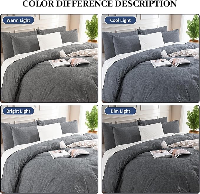 NEXHOME PRO Duvet Cover King 100% Washed Cotton, Organic Natural Linen Like Textured Breathable Durable Bedding Set Heather Black 10490