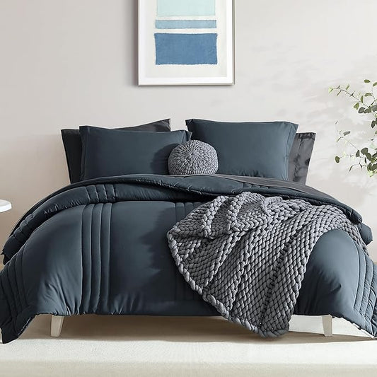 Monbix California King Size Comforter Set - 7 Pieces Bed in a Bag Cal King, Blue Grey Bedding Sets with Comforter, All Seasons Comforter Bed Set with Sheets, Pillowcases & Shams