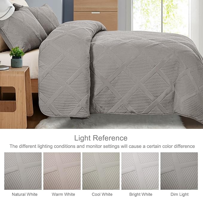 Exclusivo Mezcla Quilts Queen Size - Light Grey Quilt Set Bedspread with 2 Pillow Shams, Modern Bedding Set with Striped Pattern, Soft Lightweight Bedspreads Queen Size for All Seasons