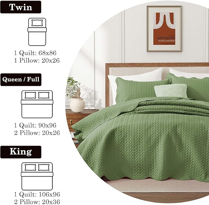 IR Imperial Rooms California King Quilt Bedding Set Size (118"x106") + 2 Pillow Shams (20" x 36"+ 2") - 3 Pcs All Season Reversible Microfiber Coverlet Embossed Quilt Bedspread (Olive Green)