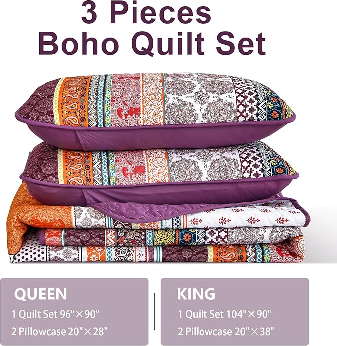 WONGS BEDDING Boho Quilt Set King Size, Purple 3 Pieces Bohemian Striped Patchwork Bedspread Coverlet, Lightweight Soft Microfiber Bedding Set for All Season (104"x90")