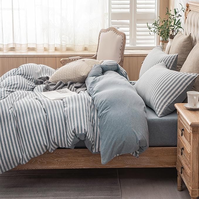 PURE ERA Jersey Knit Duvet Cover Set 100% T-Shirt Heather Cotton Super Soft Comfy Classic Striped Design, with Zipper Closure, Heather Blueish Grey Stripe, Queen