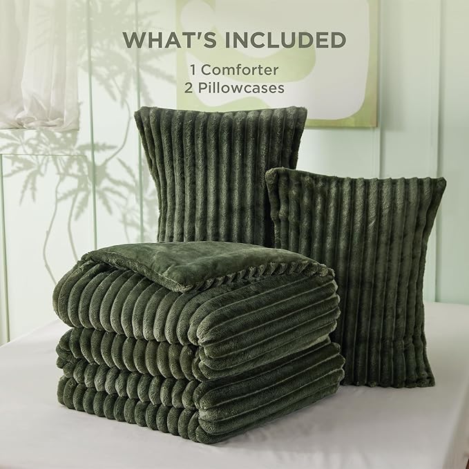 Bedsure California King Comforter - GentleSoft™ 3 Pieces Double-Side Fleece Comforter Set, Cozy Striped Room Decor Aesthetic, Luxury Olive Green Cal King Bedding with 2 Pillowcases, 104x96 Inches