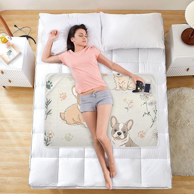 Waterproof Bed Pad Reusable Changing Pad Toddler Mattress Protector Large Pee Pad Baby Diaper Pad Soft Washable Liner Beige Dog Flower