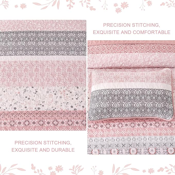 WONGS BEDDING Boho Quilt Set Queen, Bohemian Pink Striped Patchwork Bedspread Coverlet Set with 2 Pillowcases,Lightweight Microfiber Floral Bedding Set 96"×90"