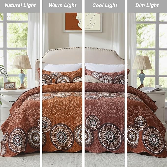 LEAONME 3 Pieces King Size Burnt Orange Rust Quilt Set Lightweight Oversized Bedspread 98''x106'' Soft Microfiber Floral Coverlet Luxurious Warm Bed Cover for All Seasons (1 Quilt, 2 Pillow Shams)