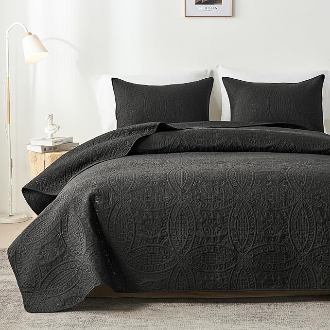akkialla Twin Quilt Bedding Set,Black Ultrasonic Quilt Set,Lightweight Soft Bedspread Coverlet,Modern Style Coin Pattern Bed Cover for All Seasons,2 Piece(1 Quilt,1 Pillow Sham)
