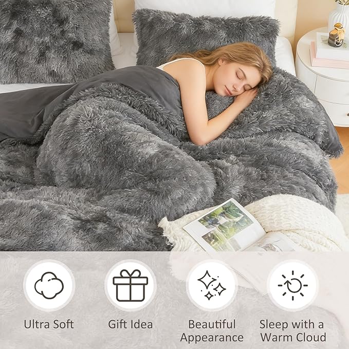 EMME Luxury Fuzzy Duvet Cover Set Queen Size 3 Pieces Fluffy Comforter Cover Set for Queen Bed Shaggy and Plush Soft Bedding Duvet Covers (Dark Grey, Queen)