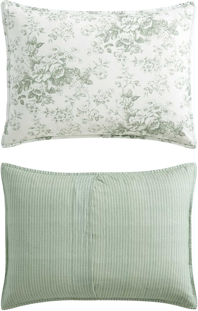Laura Ashley - Full/Queen Comforter Set, Premium Cotton Bedding with Matching Shams & Bonus Decorative Pillow Covers, Floral Home Decor, Oeko-Tex Certified (Toile Delight Green, Full/Queen)