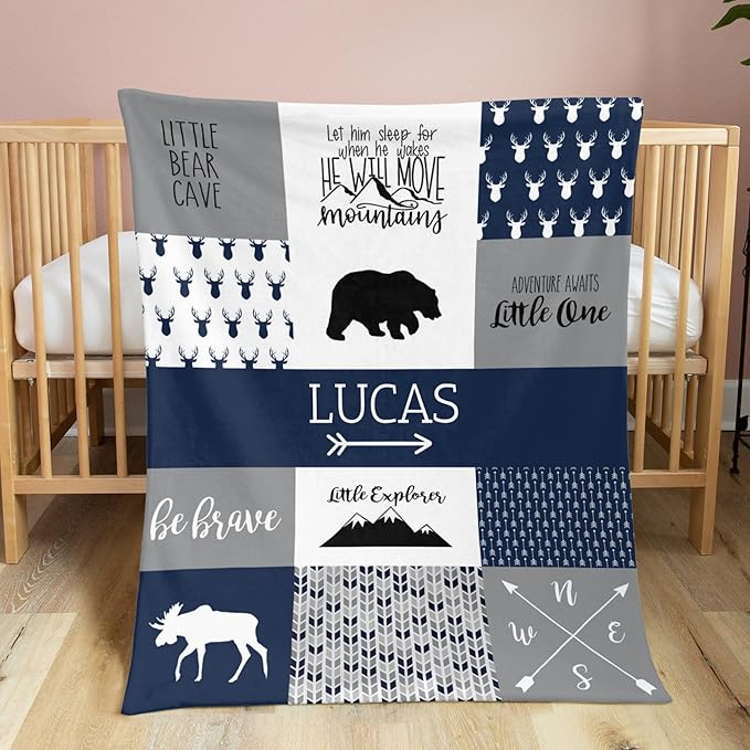 Personalized Baby Blanket, Blue Woodland Baby Blankets for Boys, Super Soft Nursery Blankets with Cotton Front and Dotted Fleece Backing, Printed Bed Throws Newborn