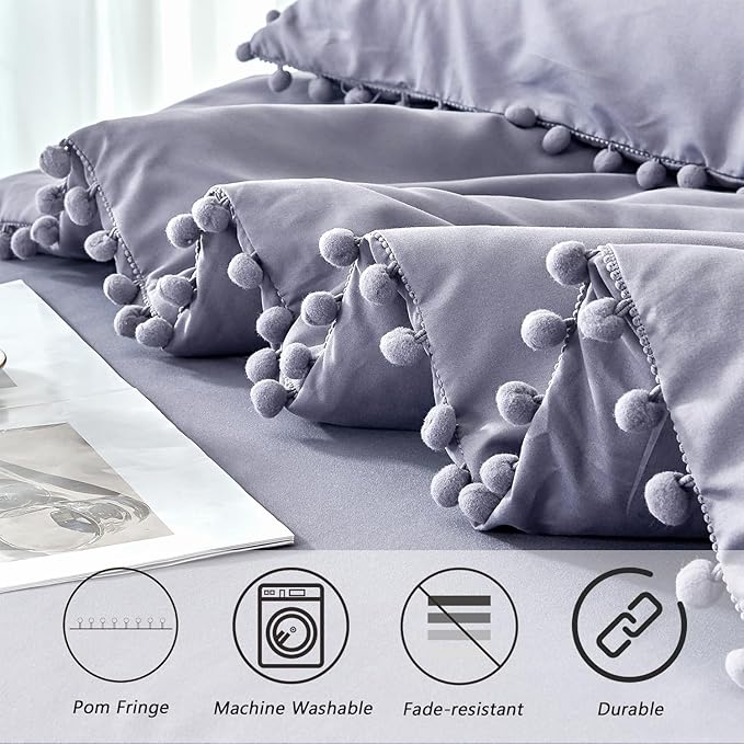 PERFEMET 5-Piece Purple Bed in A Bag Queen Size Boho Cute Grayish Purple Pom Pom Comforter Set with Sheets Soft Lightweight Girls Bedding Set(Grayish Purple, Queen)