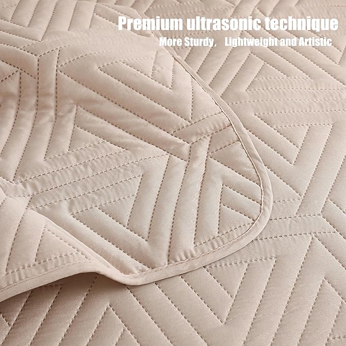 Whale Flotilla Soft King Size Quilt Set for All Seasons, 3-Piece Ultrasonic Geometric Quilts Bedding Set, Lightweight Reversible Bedspread, Coverlet, Bed Cover with 2 Pillow Shams, Brich Beige