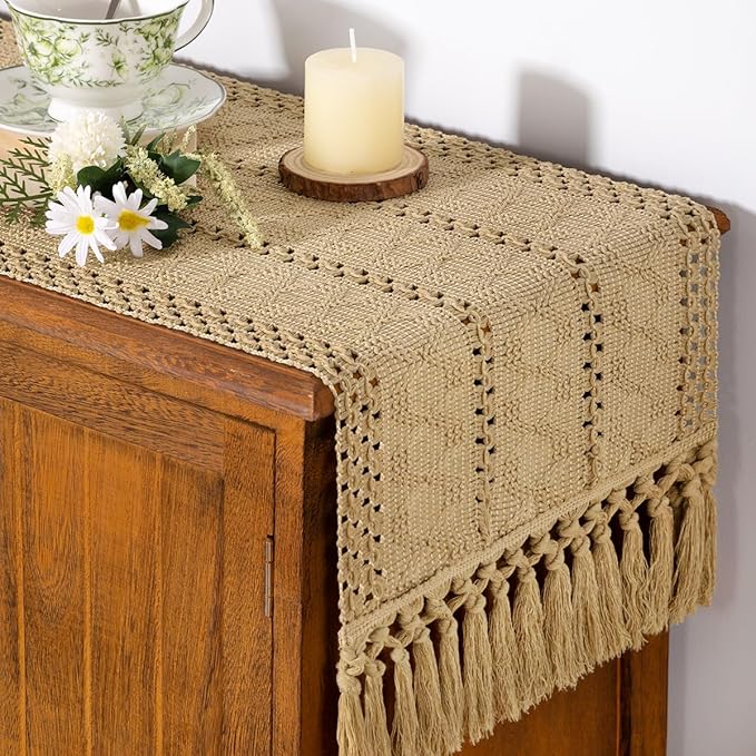 Socomi Boho Table Runner Easter Spring Farmhouse Rustic Dining Kitchen Centerpiece Decor Small Macrame Woven Cotton Linen Coffee Table Runner for Dresser Scarf Home Decor 12x36 inch Champagne