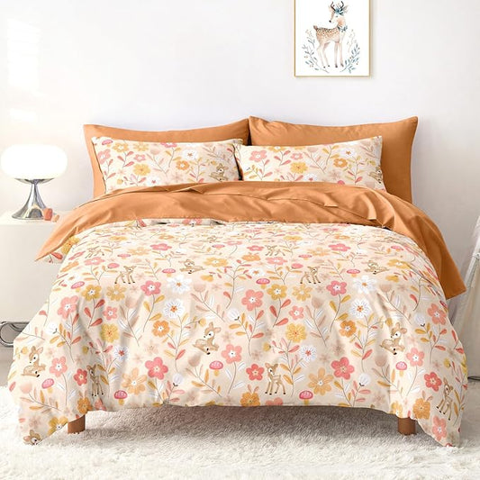 Wake In Cloud - Floral Bedding Set for Girls, Cute Colorful Botanical Flowers Deers Patterned Soft Lightweight Comforter Set with Sheets, 5 Pieces Kids Bed in a Bag, Orange Brown, Twin Size