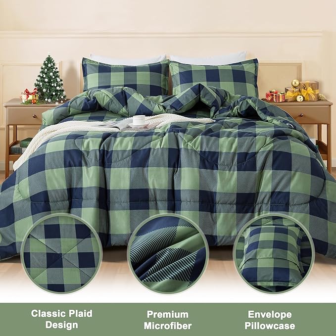 Andency Green Plaid Comforter Twin(66x90Inch), 2 Pieces (1 Comforter, 1 Pillowcase) Buffalo Checkered Gingham Bed Set, Soft Geometric Bedding for Boys