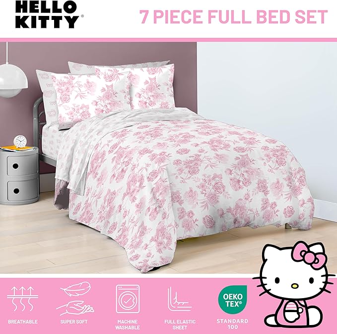 Jay Franco Comforter Set Includes Sheets and Pillow Covers - Soft and Cozy Bed Set for Stylish Room Decor, Official Licensed Bedding, Multi - Hello Kitty, 7 Piece Full