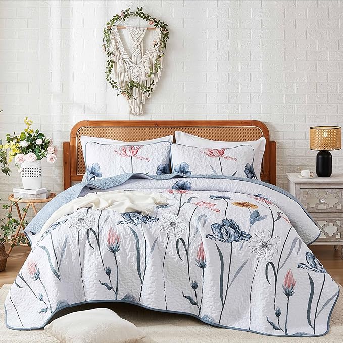 WONGS BEDDING Floral Quilt Set Queen,3 Pieces Blue & Pink Bedspread Coverlet Set Botanical Bedspreads Bed Cover Quilts，Soft Lightweight Farmhouse Flower Bedding Set for Spring Summer(96"x90")
