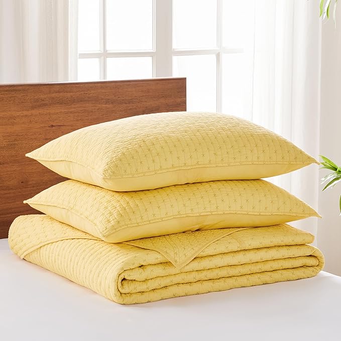 Levtex Home Cross Stitch Reversible King Bedspread Set (120x104in) with 2 Pillow Shams (36x20in) - Stitch Texture - Yellow - Cotton King Size Bedspread Set - Soft, Pre-Washed