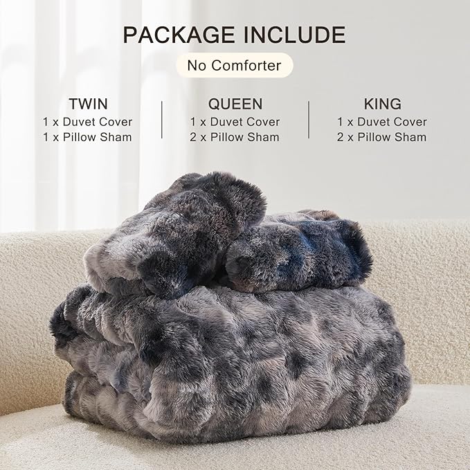 EMME Faux Fur Duvet Cover Queen Size, 3 Pieces Ultra Soft Fluffy Comforter Cover, Cozy Warm for Winter, Luxury Shaggy Bubble Design Bedding, 1 Duvet Cover & 2 Pillow Shams (Queen, Tie Dye Dark Grey)