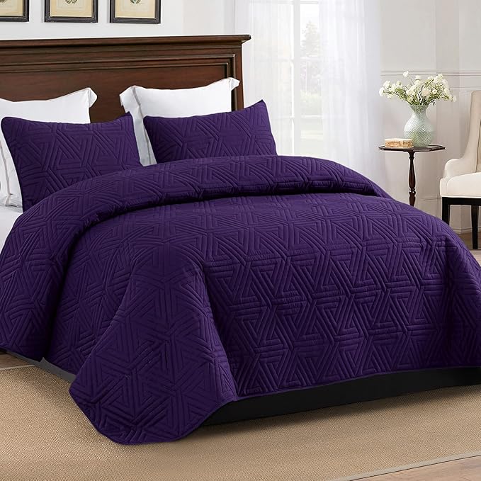 Whale Flotilla Soft Queen Size Quilt Set for All Seasons, 3-Piece Ultrasonic Geometric Quilts Bedding Set, Lightweight Reversible Bedspread, Coverlet, Bed Cover with 2 Pillow Shams, Purple