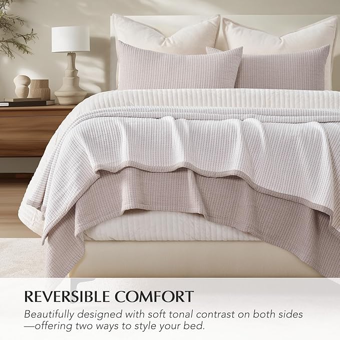 EVERGRACEHOME Cotton Gauze King Bedspread, Ultra Soft Prewashed Pick Stitch Matelassé Coverlet, Lightweight Oversized King Quilt Bedding Set for All Season, w/ 2 Shams, Rosette Beige reverses White