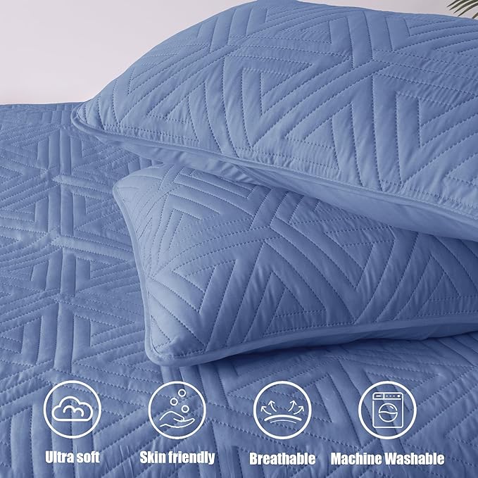 Whale Flotilla Soft King Size Quilt Set for All Seasons, 3-Piece Ultrasonic Geometric Quilts Bedding Set, Lightweight Reversible Bedspread, Coverlet, Bed Cover with 2 Pillow Shams, Bluish Grey