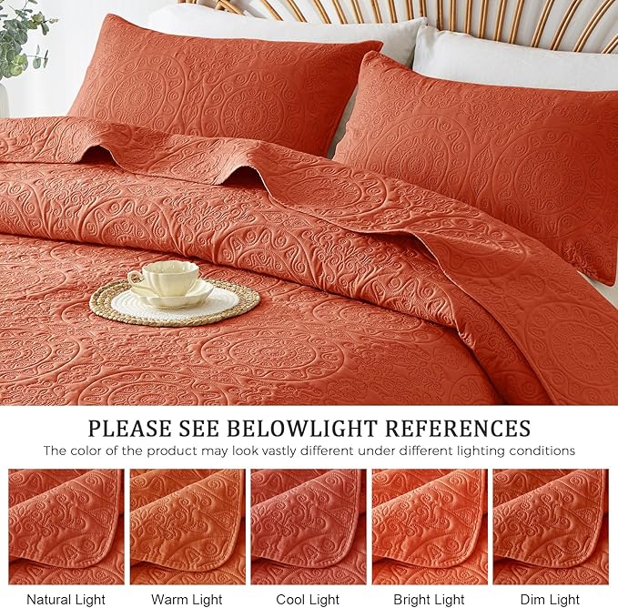 WURUIBO Burnt Orange Quilt Set King/Cal King Size, Embossing Microfiber Bedspreads with Pillow Sham, Ligthweight Breathable Thin Coverlet, Reversible Bedding Set for All Season(1 Quilt,2 Pillow Shams)
