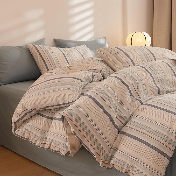Striped Duvet Cover Set Twin XL, 3 Pieces Blue White Stripes Pattern Printed Comforter Cover, 100% Washed Cotton Striped Bedding Set, Soft Breathable Twin XL Duvet Cover for Boys Girls Teen Adults