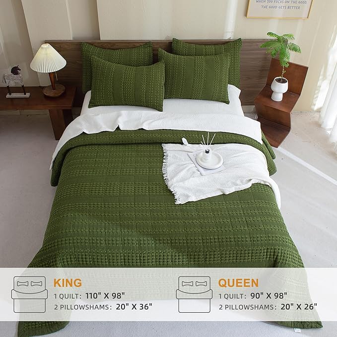 Sanracie Cotton Waffle Weave Quilt Set King Size(110"x98")-Olive Green Quilted Bedspread Sets,3Pcs Soft Boho King Quilt Bedding Set, Farmhouse Shabby Vintage Chic Bedding Quilt