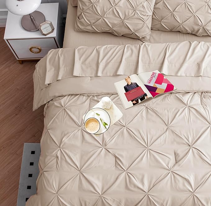 LANE LINEN California King Comforter Set of 7 PCs - Hotel-Style Down Alternative Bed in a Bag - Classic Pintuck Stitch Bedding Set - Super Soft, Warm, All-Season Oversized Cali King Comforter - Beige | Extended coverage, Generous size, Year round comfo...
