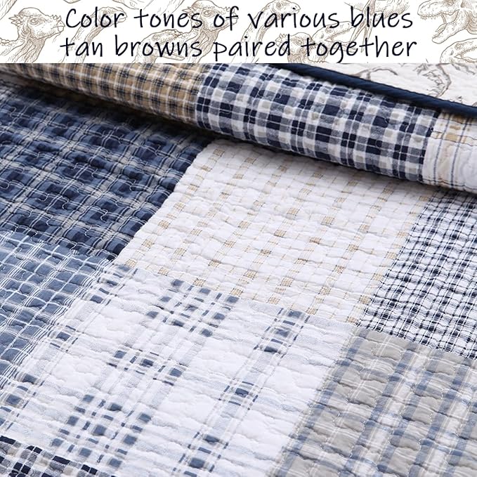Cozy Line Home Fashions Benjamin Cute Dinosaur Plaid Navy Blue White Grey Bedding Quilt Set 100% Cotton Reversible Coverlet Bedspread Set for Kids Boy(Twin - 2 Piece)