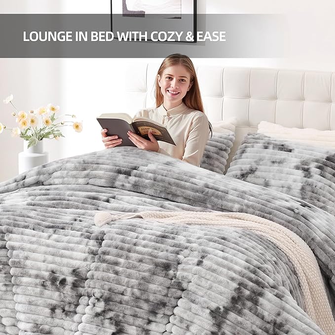 Smoofy Fluffy Twin Comforter Sets 2 Pieces - Tie-dye Grey Fleece Fluffy Comforter Set, Luxury Fuzzy Twin Bedding Set, Soft Warm Comforter All Season, Heavy Faux Fur Comforter with Pillow Cases