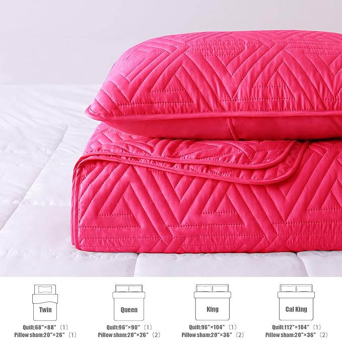 Whale Flotilla Soft King Size Quilt Set for All Seasons, 3-Piece Ultrasonic Geometric Quilts Bedding Set, Lightweight Reversible Bedspread, Coverlet, Bed Cover with 2 Pillow Shams, Hot Pink