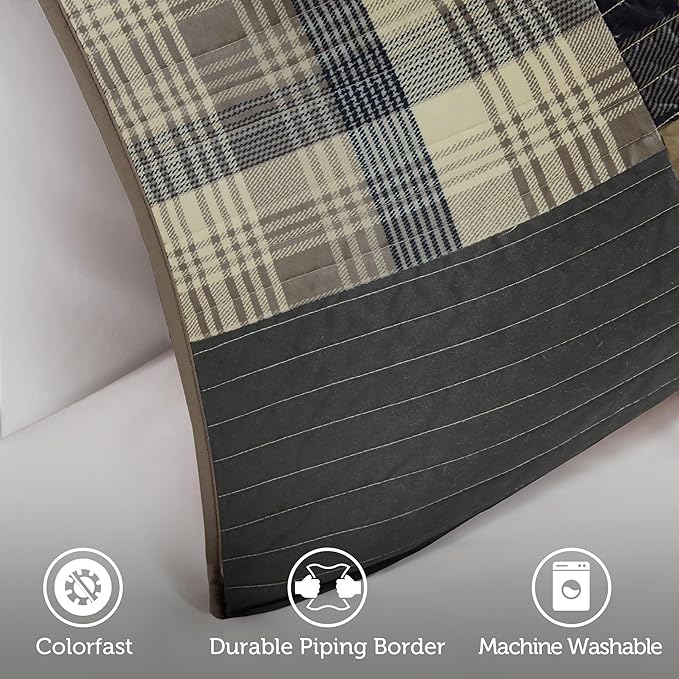 Woolrich Reversible Cotton Quilt Set - Cottage Styling Reversed to Solid Color, All Season Patchwork Lightweight Coverlet, Matching Shams, Winter Hills, Oversized Twin/Twin XL, Tan 2 Piece