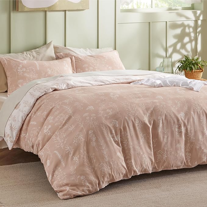 Bedsure Duvet Cover King Size - Reversible Pink King Duvet Cover Set with Zipper Closure, 3 Pieces Botanical Floral Patterned Bedding Set with 8 Corner Ties and 2 Pillow Shams