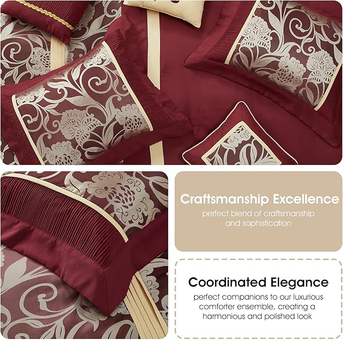 Grand Avenue Red and Gold Comforter Set Queen Size, 9 Piece Jacquard Floral Bedding Set, All Season, Ultra-Soft, Matching Pillows & Shams, Bed Skirt, Curtains