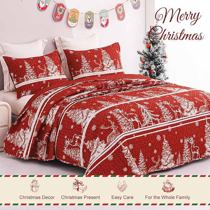 Exclusivo Mezcla Reversible Christmas Quilts Queen Size, Red Bedspread Lightweight Coverlet Winter Quilt Bedding Set with Printed Striped Trees Snowflakes Pattern (1 Quilt, 2 Pillow Shams)