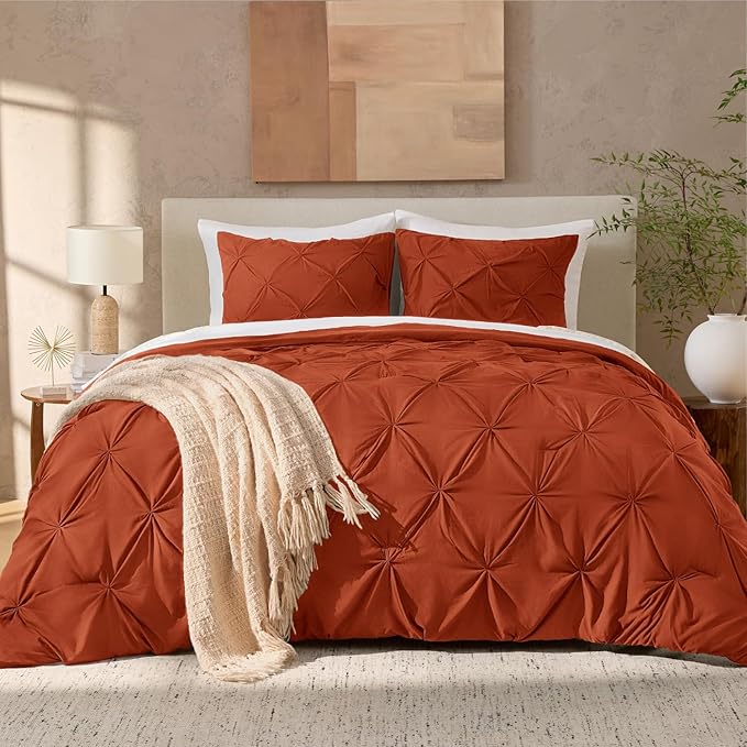 Andency Burnt Orange Pinch Pleat Comforter Full (79x90Inch), 3 Pieces (1 Pintuck Comforter and 2 Pillowcases) Down Alternative Microfiber Bedding Set