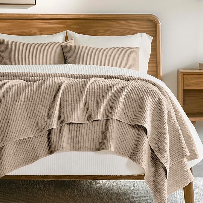 EVERGRACEHOME Cotton Coverlet Set Full Queen Size 3 Pieces, Lightweight Soft Ribbed Matelassé Bedspread Quilt Set, Cozy Oversized Quilted Bedding Set with 2 Pillow Shams for All Seasons, Urban Taupe
