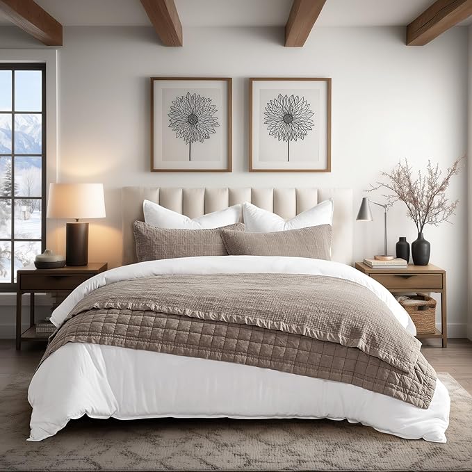 EVERGRACEHOME Stonewashed Cotton Quilt Set Queen Size, Ultra Soft Oversized Bedspread Coverlet Set, Lightweight Crinkle Box Stitch Bedding Sets for All Season, with 2 Shams, Truffle Taupe Brown