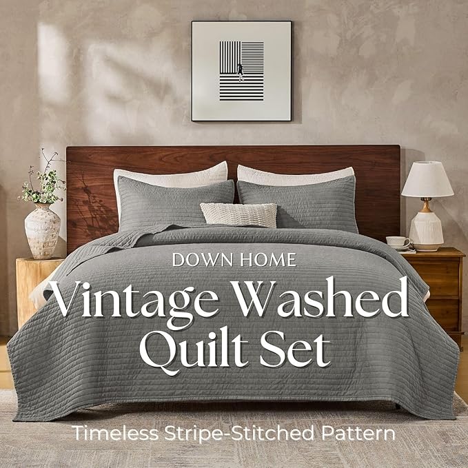 DOWN HOME King Quilt Bedding Set with Shams, Vintage Washed Soft Quilted Blanket Thin Comforter Lightweight Bedspread Coverlet Bed Cover, Brushed Microfiber Stripe Stitching, Ash Gray, 104"x90"