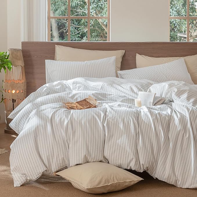 MooMee Striped Duvet Cover Set 100% Washed Cotton Linen Like Textured Breathable Durable Soft Comfy (White Cornflower Blue Wide Stripes, Cal King 104"x98")