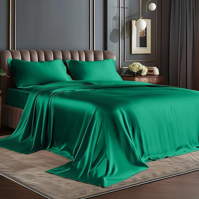 BEDELITE King Size Sheets Set, Luxury Soft Dark Green Satin Sheets for Hair and Skin, Similar to Silk Bed Sheets Set 4 Pieces with 1 Deep Pocket Fitted Sheet, 1 Flat Sheet, and 2 Pillowcases