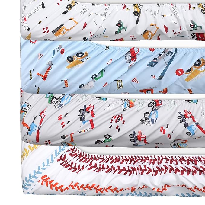 VitalCozy 4 Pcs Construction Truck Crib Sheet Set Baby Sheet Newborn Bedding Nursery Crib Sheets for Girl Boys Baby Gifts for Standard Crib and Toddler Mattresses, 52 x 28 x 8 Inches