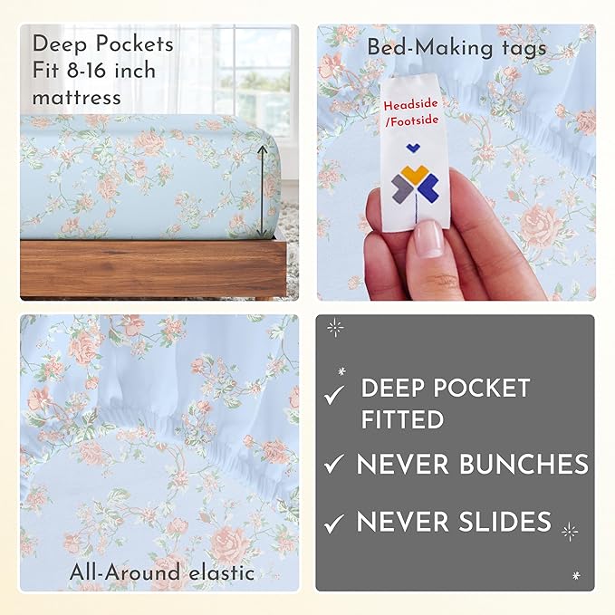 California Design Den Floral Printed Queen Sheet Set - 400 Thread Count Sateen, Natural 100% Cotton Sheets Queen Size Bed Set, Deep Pockets, and Durable Bedding - Antique Rose