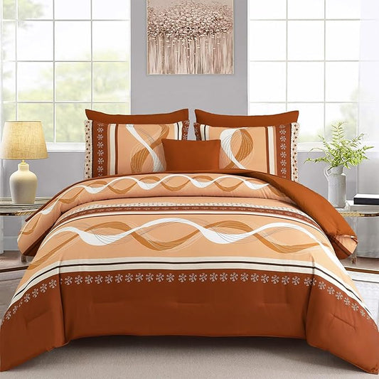 Anibedding Comforter Set King Size,8 Pieces Orange Boho Bed in a Bag Patchwork Striped Comforter Set, Soft Microfiber Bedding Set for All Season(104"×90")