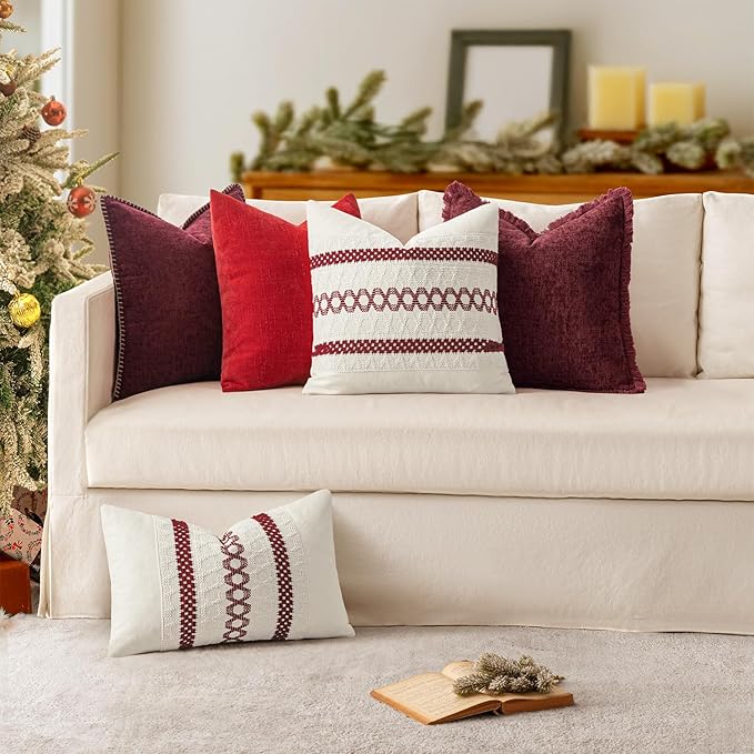 MIULEE Pack of 2 Christmas Pillow Covers 20x20 Inch Burgundy Red Farmhouse Decorative Throw Pillow Covers with Stitched Edge Soft Chenille Solid Dyed Couch Pillow Covers for Sofa Bed Living Room