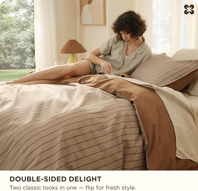 Bedsure Striped Duvet Cover King Size,100% Washed Cotton Duvet Cover Linen Like Textured, Classic Striped Pattern Enhances Bedroom Comfort and Style, Stripes Camel/Brown, 104"x90"